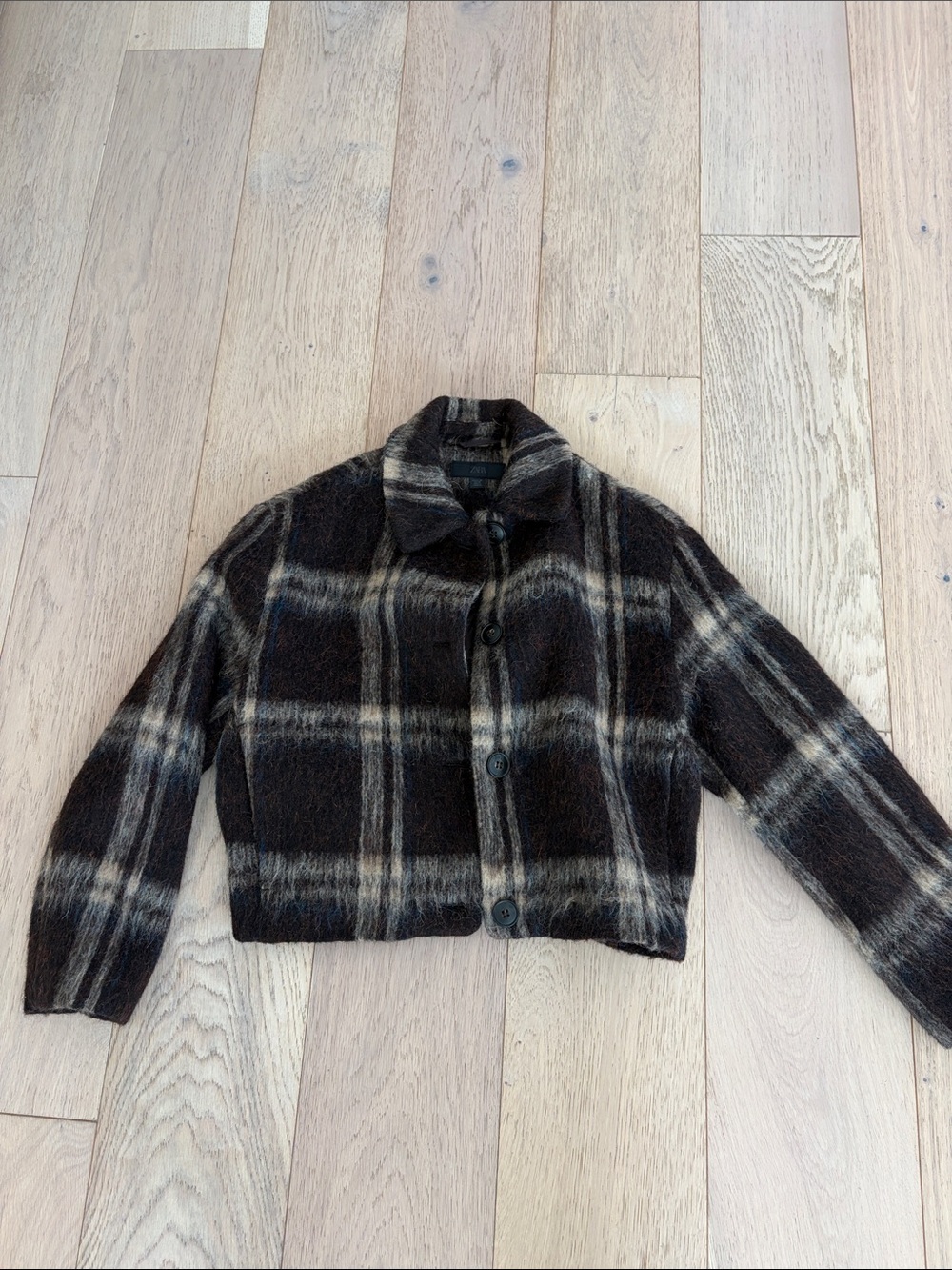 Zara Black & Cream Plaid Cropped Teddy Jacket